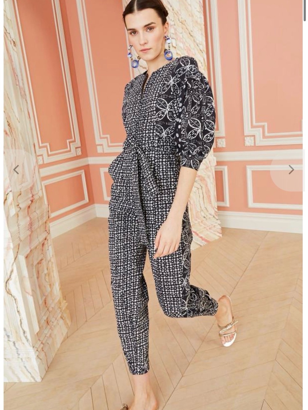 Ulla Johnson Black & White Patterned Puff-Sleeve Jumpsuit